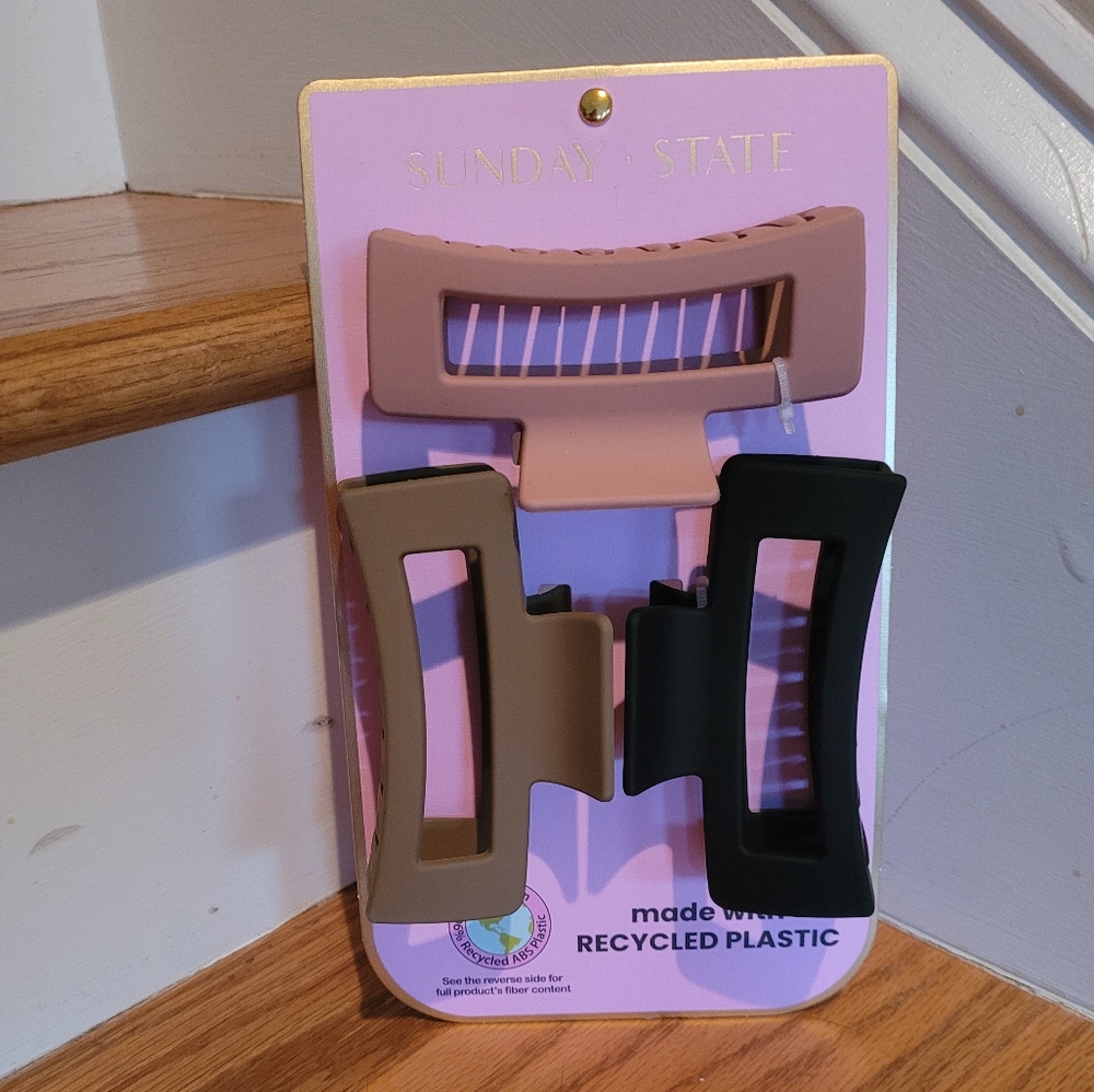 NEW Sunday State Medium Hair Clips Made with Recycled Plastic (Black, Pink, Tan)
